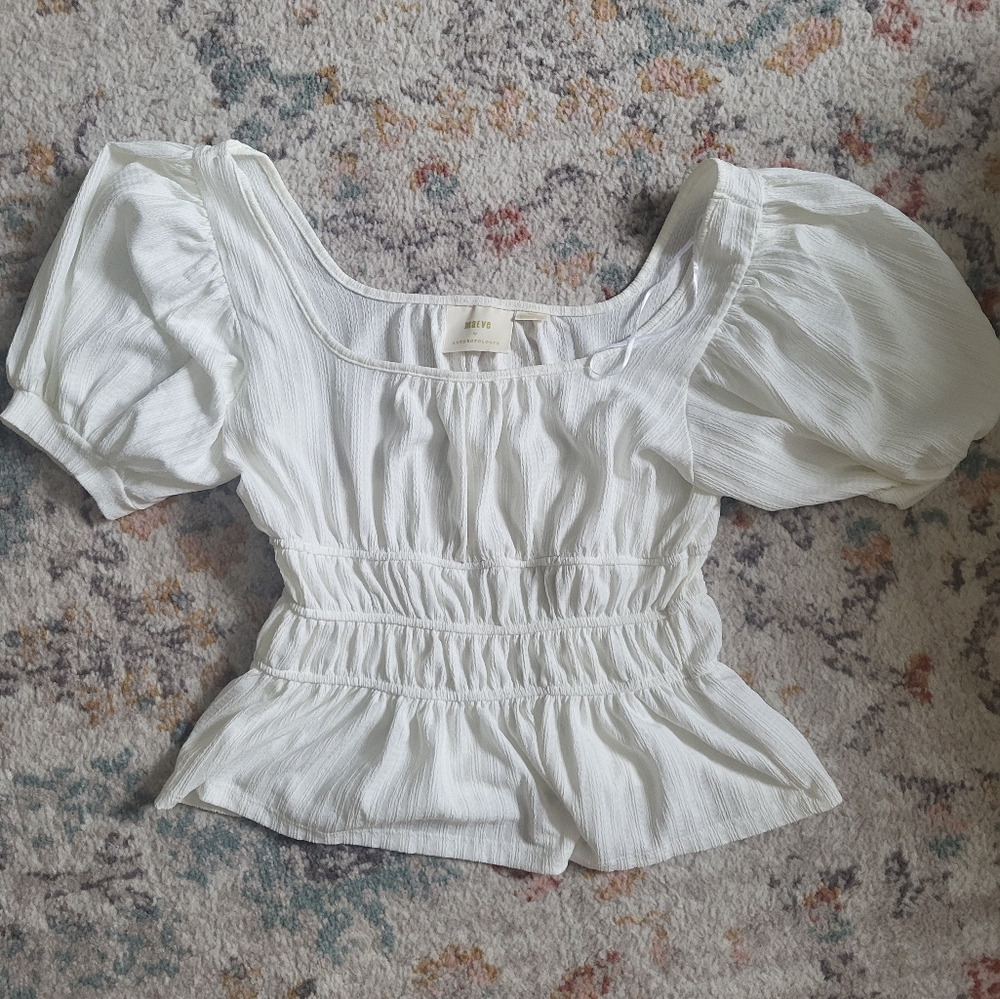 Maeve White Puff Sleeve Smocked Waist Blouse